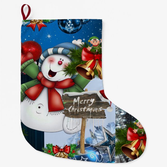Christmas Stocking, Merry Christmas Snowman Large Christmas Stocking (Front)