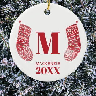 Christmas Stocking Monogram Name Year Red White Ceramic Tree Decoration