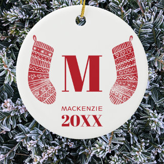 Christmas Stocking Monogram Name Year Red White Ceramic Tree Decoration