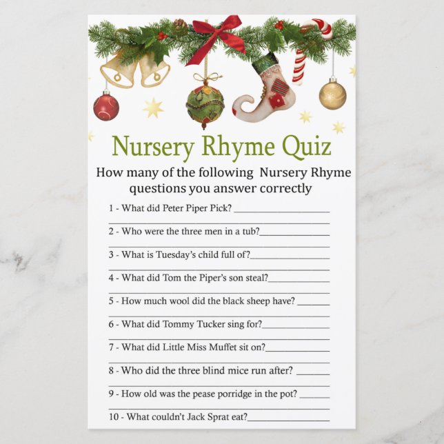 christmas stocking Nursery Rhyme Quiz baby shower (Front)