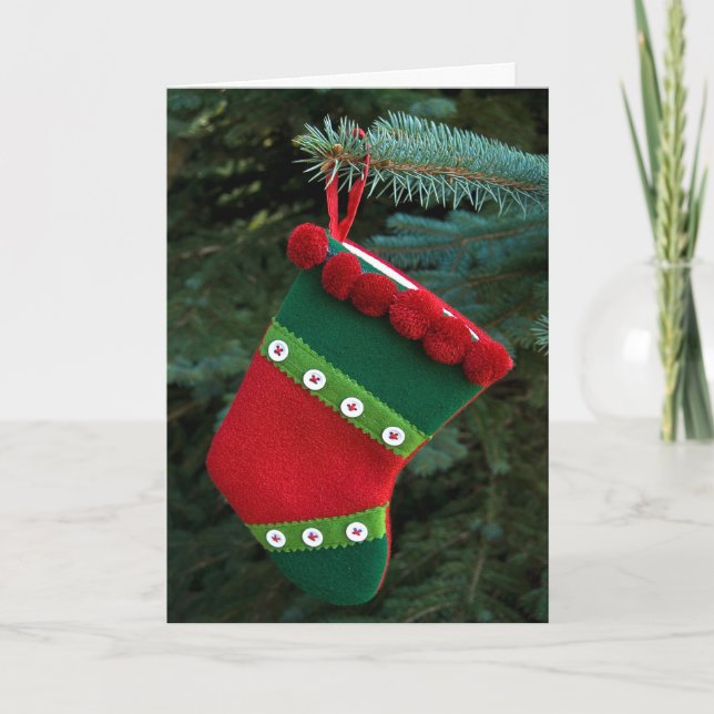 Christmas Stocking on Pine Tree Holiday Card (Front)