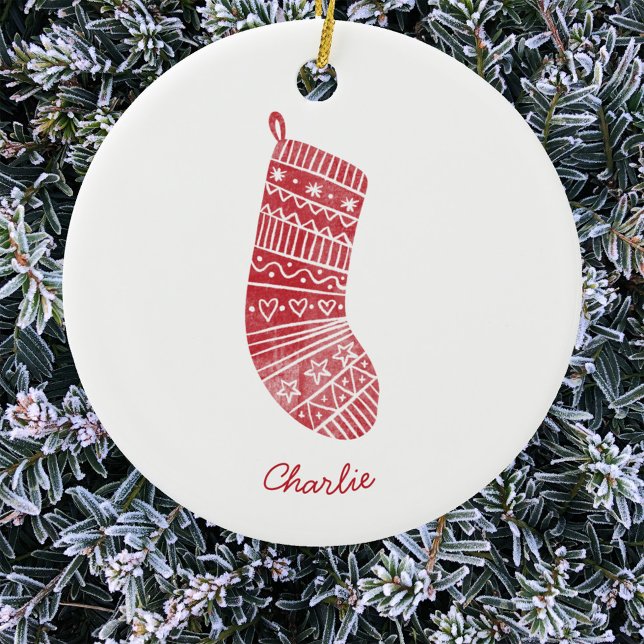 Christmas Stocking Personalised Name Red White Ceramic Tree Decoration (Personalized script name Scandinavian Christmas stocking red and white ornament)