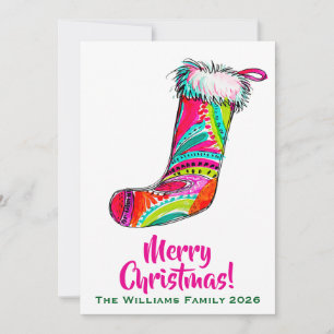 Christmas Stocking Pink Boho Holiday Card
