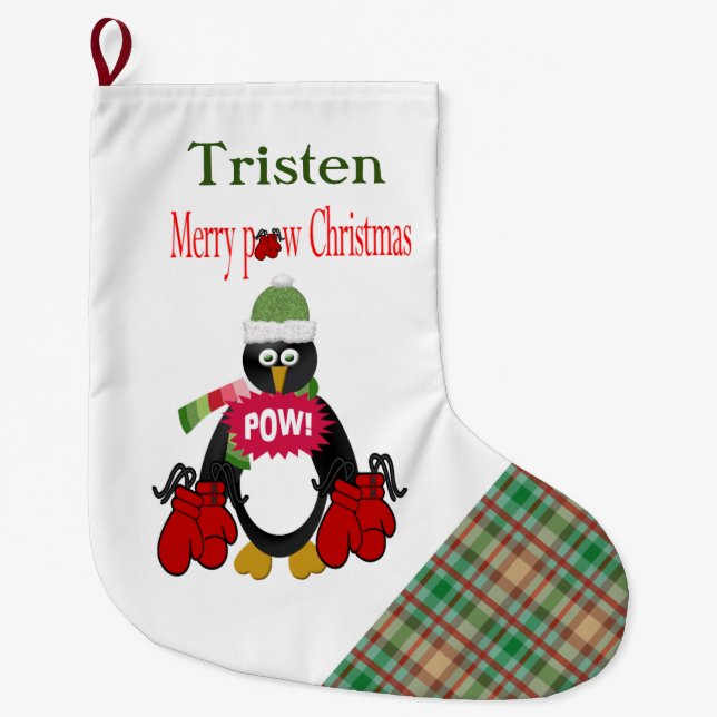 Christmas Stocking, Plaid Boxing Penguin Pow  Larg Large Christmas Stocking (Front)