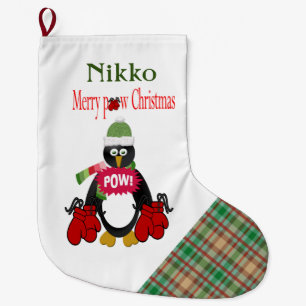 Christmas Stocking, Plaid Boxing Penguin Pow  Large Christmas Stocking