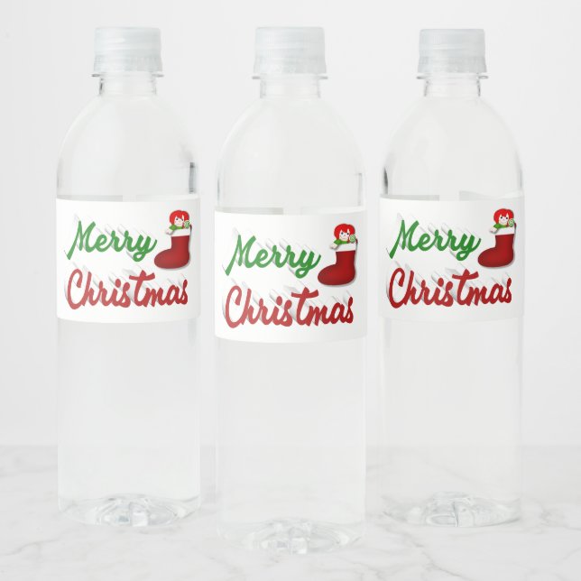 Christmas Stocking  red green script Water Bottle Label (Bottles)