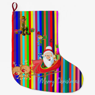 Christmas Stocking, Santa Claus Elf Reindeer Strip Large Christmas Stocking