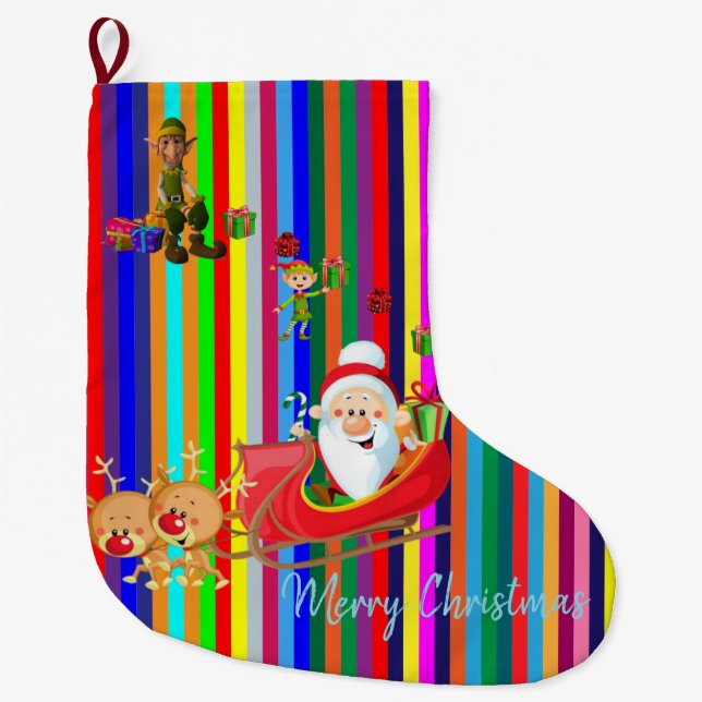 Christmas Stocking, Santa Claus Elf Reindeer Strip Large Christmas Stocking (Front)