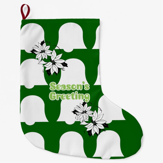 Christmas Stocking, Seasons' Greetings Green Bells Large Christmas Stocking (Front)