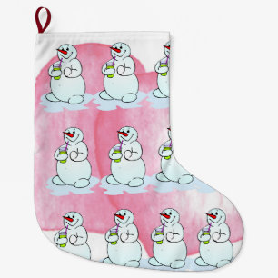 Christmas Stocking, Snowman Pink  Large Christmas Stocking