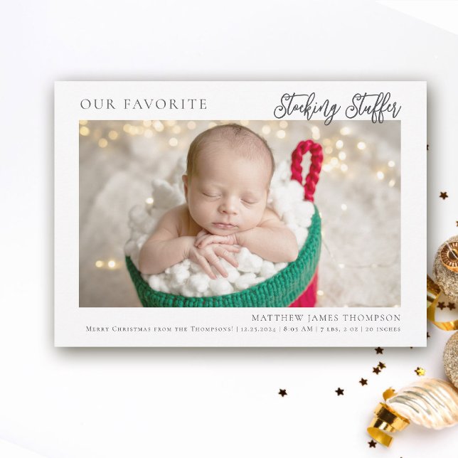 Christmas Stocking Stuffer Modern Funny Photo Baby Announcement (funny christmas baby announcement stocking stuffer funny humorous photo cute adorable)