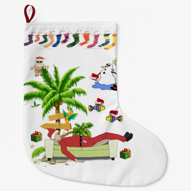 Christmas Stocking, Summer Beach Santa Large Christmas Stocking (Front)