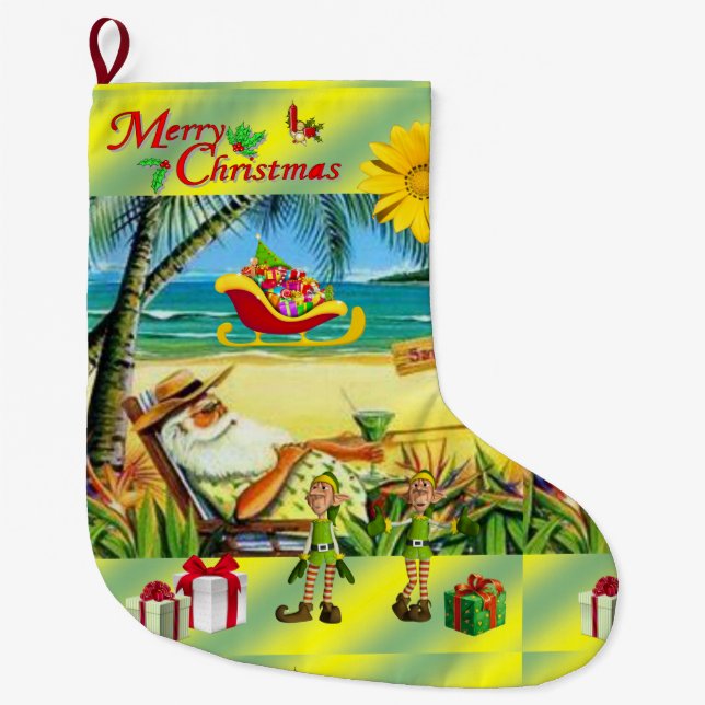 Christmas Stocking, Summer Beach Santa Large Christmas Stocking (Front)