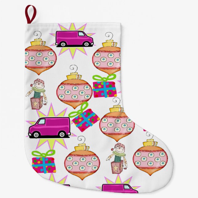 Christmas Stocking, Toys Bells Pink Car  Large Christmas Stocking (Front)