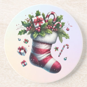 Christmas Stocking with Gifts and Candy Canes Coaster