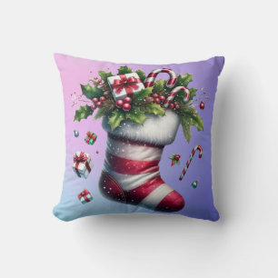 Christmas Stocking with Gifts and Candy Canes Cushion