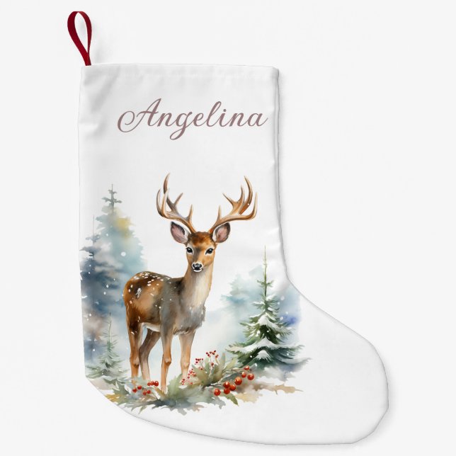 Christmas Stocking with Winter Deer Watercolor (Front)