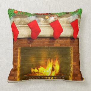 Christmas Stockings and Fireplace Throw Pillow