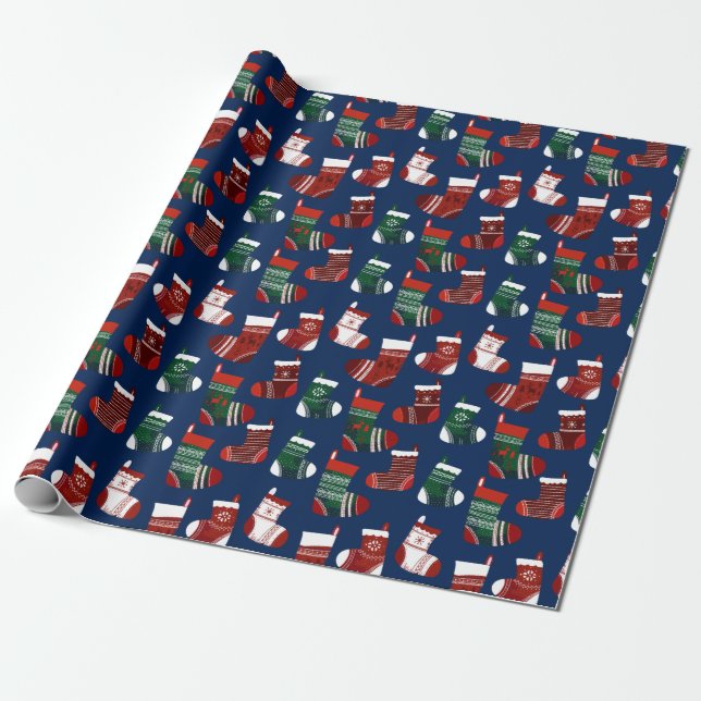 Christmas Stockings Blue Wrapping Paper (Unrolled)