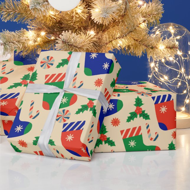 Christmas Stockings, Candy Cane, Holly Berry  Wrapping Paper (Holidays)
