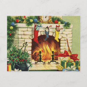 Christmas Stockings Fireplace and Decorations Holiday Postcard