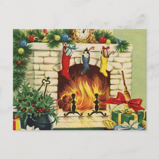 Christmas Stockings Fireplace and Decorations Holiday Postcard (Front)
