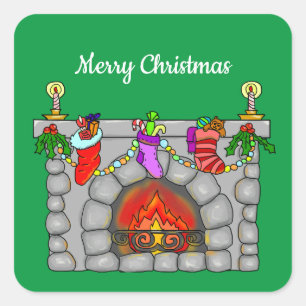 Christmas stockings fireplace square sticker