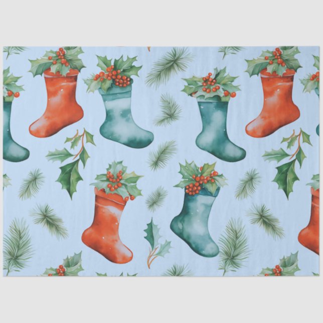 Christmas Stockings Greenery Red Green Christmas Tissue Paper (Front)