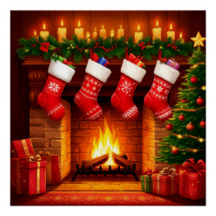 Christmas Stockings Hanging Above Warm Fireplace Poster