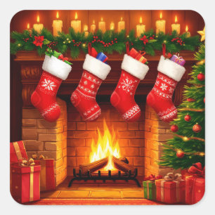 Christmas Stockings Hanging Above Warm Fireplace Square Sticker