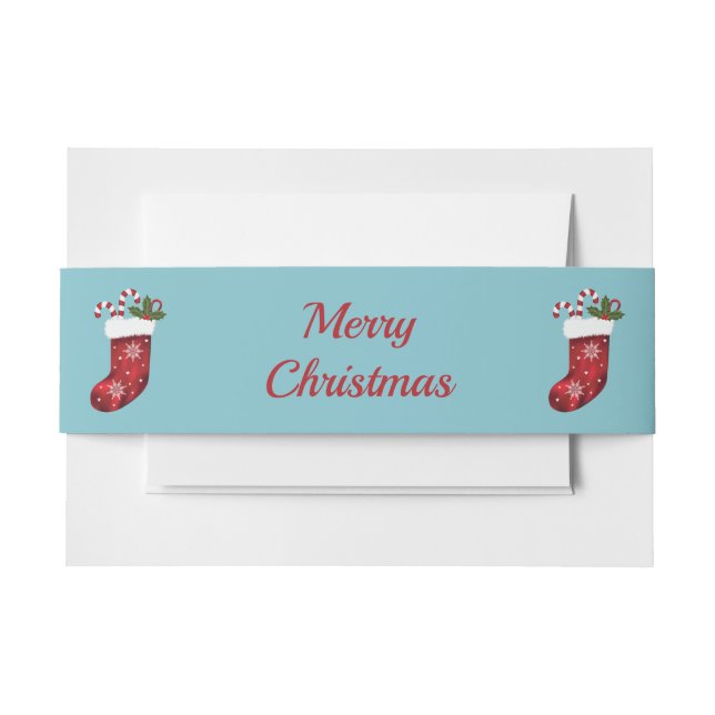 Christmas Stockings On Blue & Merry Christmas Text Invitation Belly Band (Front Example)