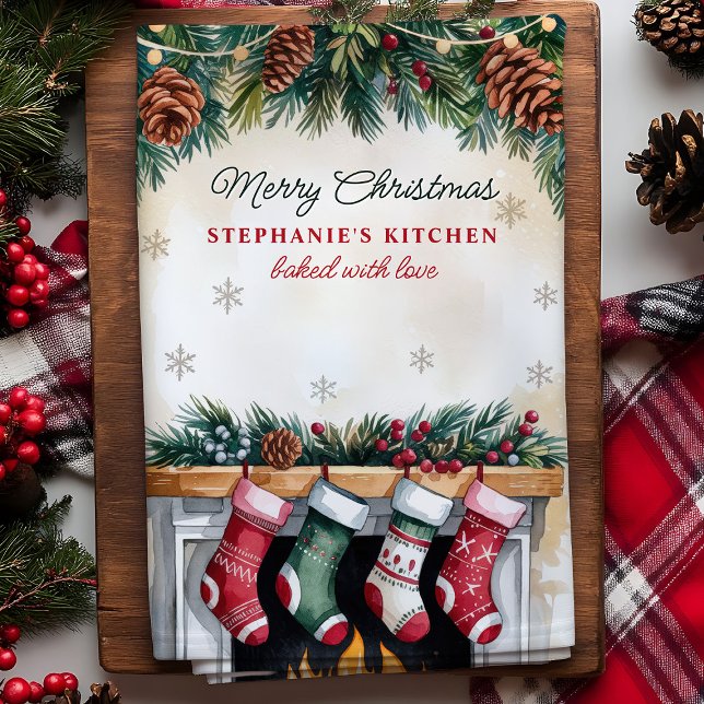 Christmas Stockings Over Fireplace Personalised Tea Towel (Creator Uploaded)