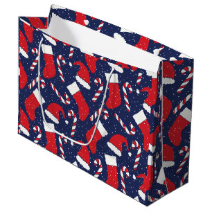 Christmas Stockings, Santa Hats and Candy Cane  Large Gift Bag