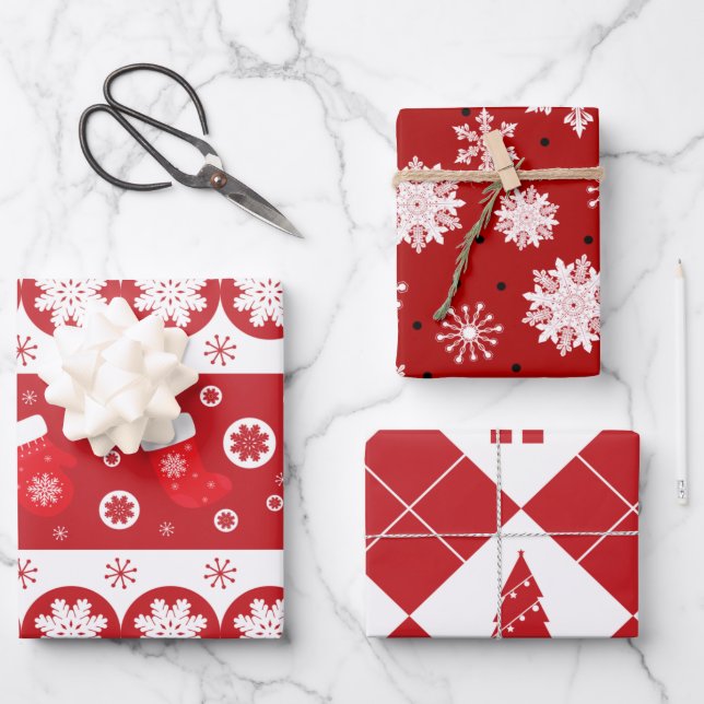 Christmas Stockings Trees and Snowflakes Red Wrapping Paper Sheet (Front)