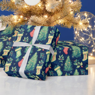 Christmas Stockings Trees Berries Christmas Wrapping Paper