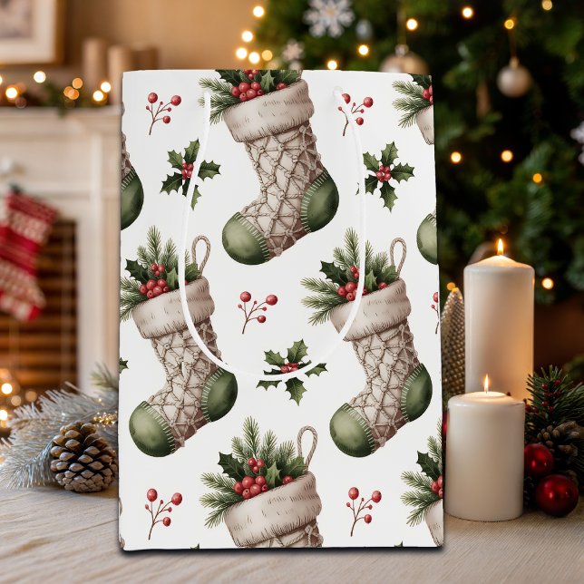 Christmas Stockings Winter Berries Medium Gift Bag (Creator Uploaded)