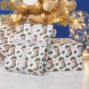 Christmas Stockings Winter Berries Wrapping Paper