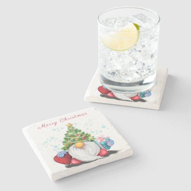 Christmas Stone Coaster Gnome with Gifts (Side)