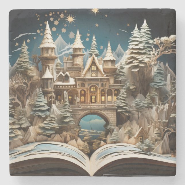 Christmas Storybook Castle Pop-Up Stone Coaster (Front)