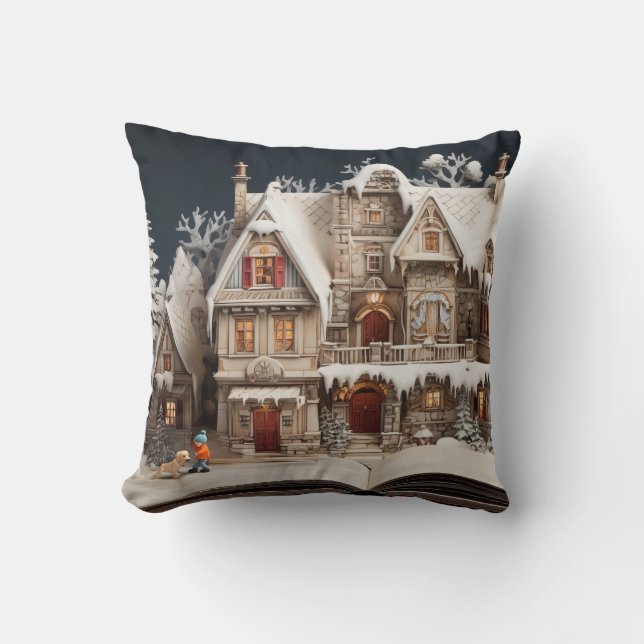 Christmas Storybook Manor With Child & Dog Cushion (Front)