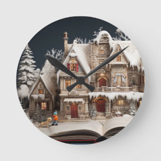 Christmas Storybook Manor With Child & Dog Round Clock