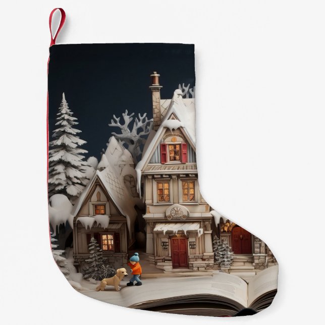 Christmas Storybook Manor With Child & Dog Small Christmas Stocking (Front)