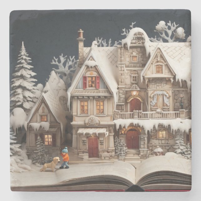 Christmas Storybook Manor With Child & Dog Stone Coaster (Front)