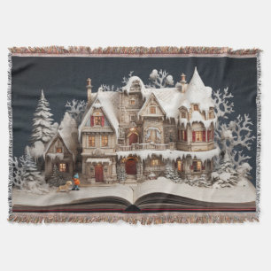 Christmas Storybook Manor With Child & Dog Throw Blanket