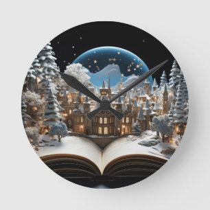 Christmas Storybook Snow-Globe Village Round Clock