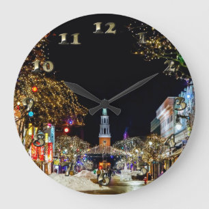 Christmas Street Church and Snow Large Clock