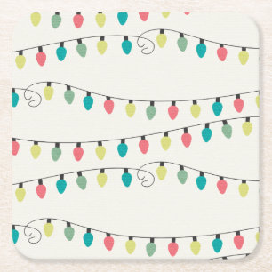 Christmas String of Lights Pattern Square Paper Coaster