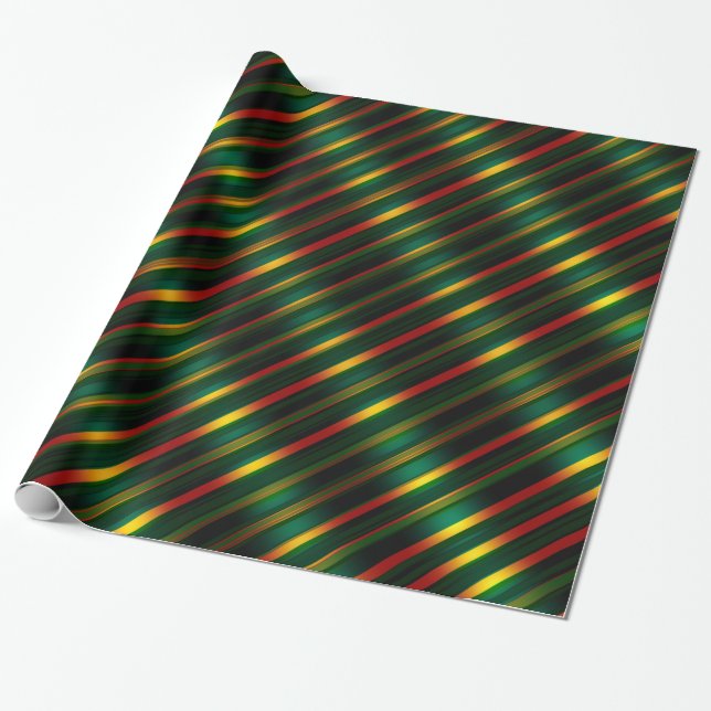 Christmas striped  Wavy Pattern Gold, Red & Green, Wrapping Paper (Unrolled)