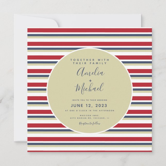 Christmas Stripes Beige Red Navy Vintage Wedding Invitation (Front)