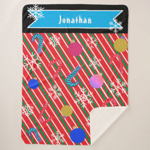 Christmas Stripes Candy Canes Ornaments Name Sherpa Blanket